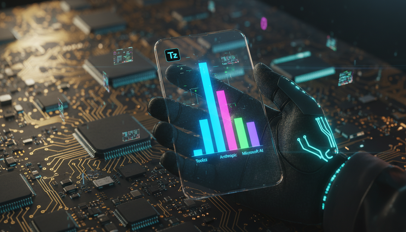 Anthropic: A Ascensão Surpreendente na Adoção de IA Empresarial — Uma mão estendida segurando um smartphone que exibe um gráfico de barras em ascensão. O gráfico mostra a participação de mercado de di