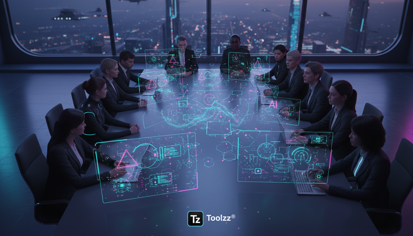 Anthropic e Segurança Nacional: O que as reuniões com o Departamento de Seguranç — Uma vista aérea de uma sala de conferências moderna e minimalista. Representantes da Anthropic e membros do Comitê de
