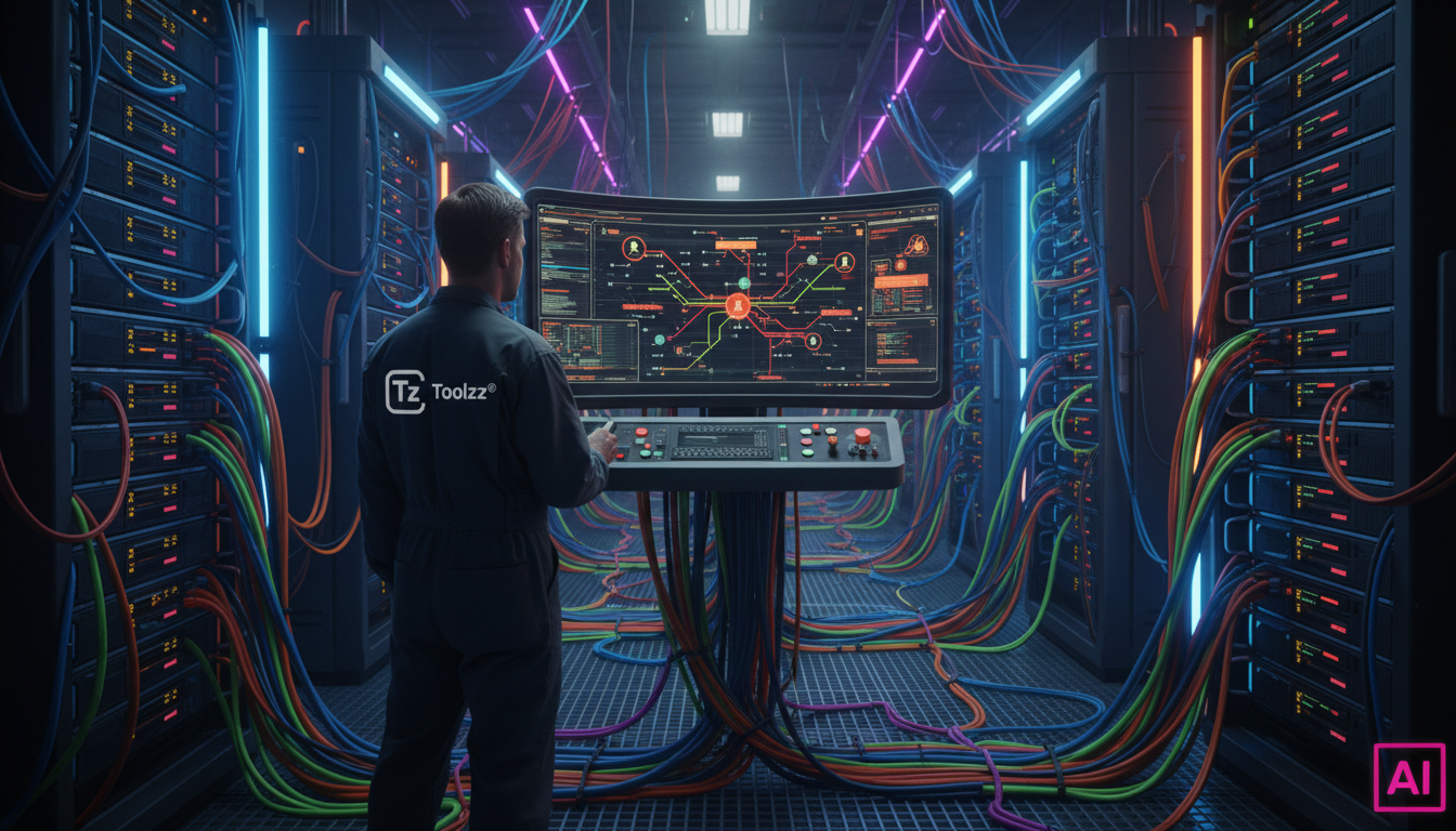 Anthropic e Segurança Nacional: O Que as Reuniões Secretas Revelam — Um armazém industrial repleto de servidores de IA, com cabos coloridos serpentando por todos os lados. Um técnico de segurança cibe