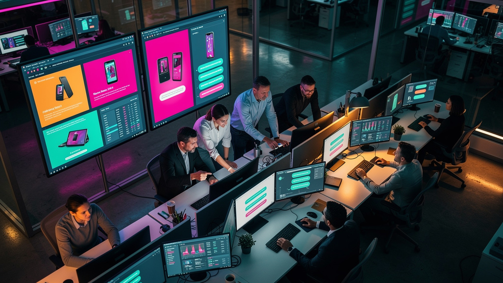 Anúncios no ChatGPT: O Futuro da IA e o Impacto para Empresas — Visão aérea de um escritório moderno e movimentado, onde várias pessoas estão trabalhando em computadores que exibem o ChatGPT. Algumas