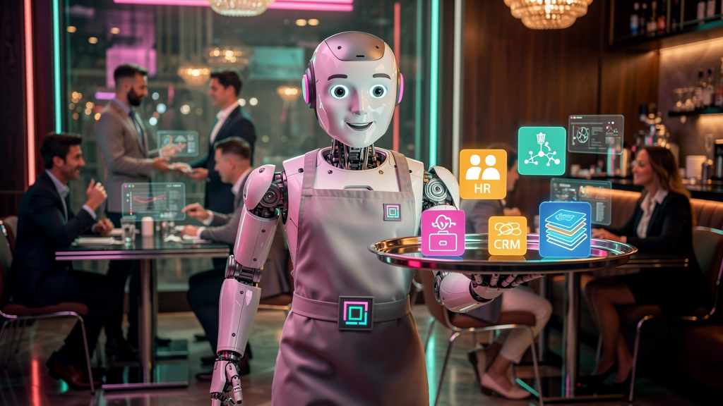API Aberta na Educação Corporativa: O Guia Completo — Ilustração de um garçom robô servindo uma bandeja com diferentes ícones de aplicativos (RH, CRM, LXP) em um restaurante futurista. O garçom exibe 
