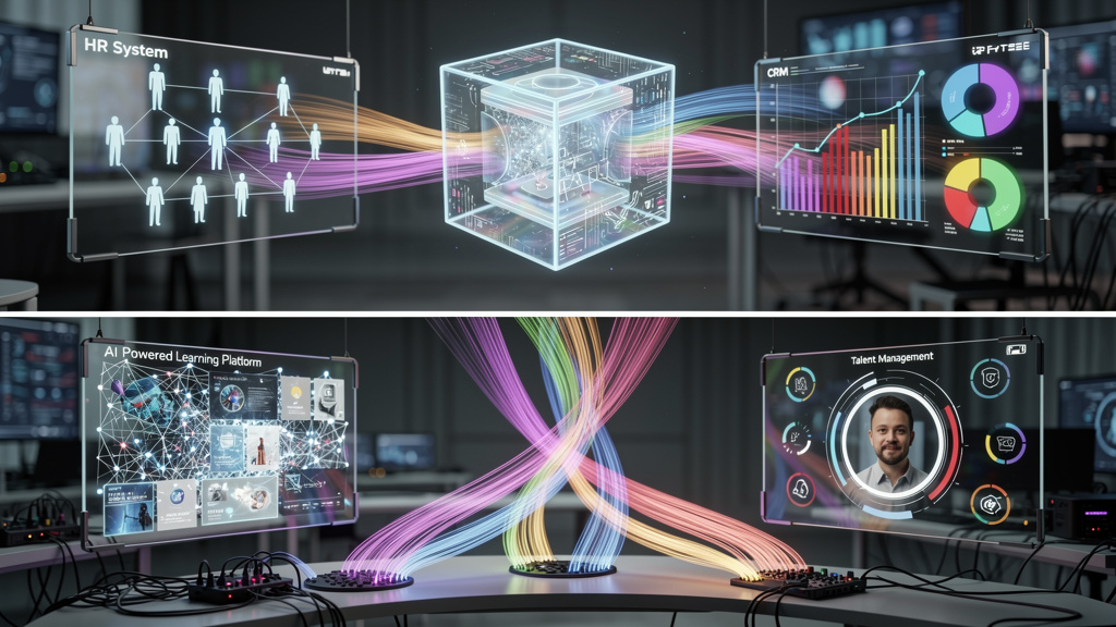 API Aberta: O Guia Completo para Educação Corporativa — Um diagrama visual que representa a interação entre diferentes sistemas de educação corporativa através de uma API aberta. No centro, um cubo tr