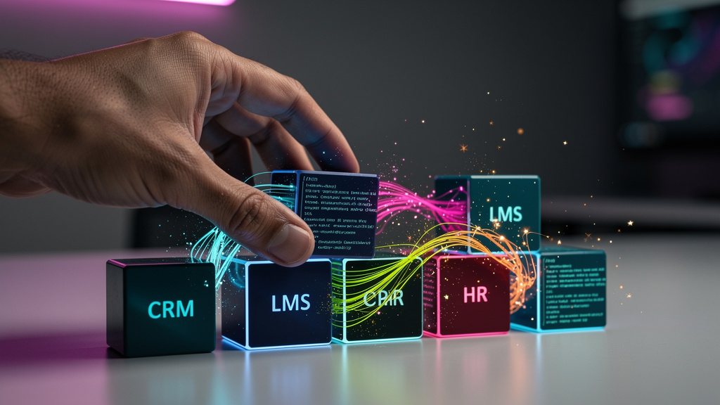 API Aberta: O Guia Completo para Educação Corporativa — Uma mão conectando blocos de construção coloridos, cada bloco representando uma plataforma de software diferente (CRM, RH, LMS). As conexões ent