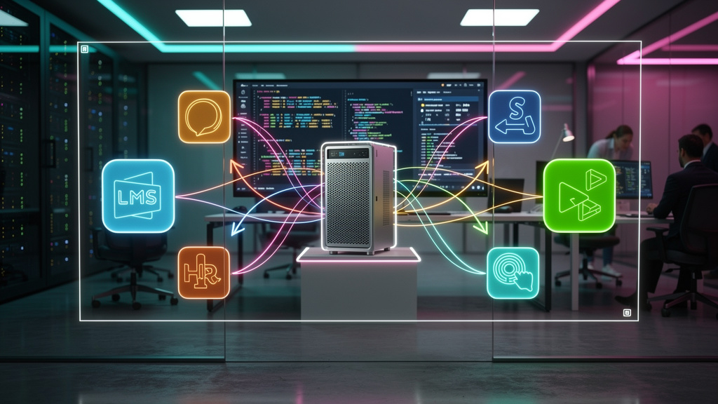 API Aberta: O Que É e Como Transformar Sua Educação Corporativa — Diagrama visual que ilustra o fluxo de dados de uma API Aberta. No centro, um servidor estilizado com o logo da Toolzz recebe solicita