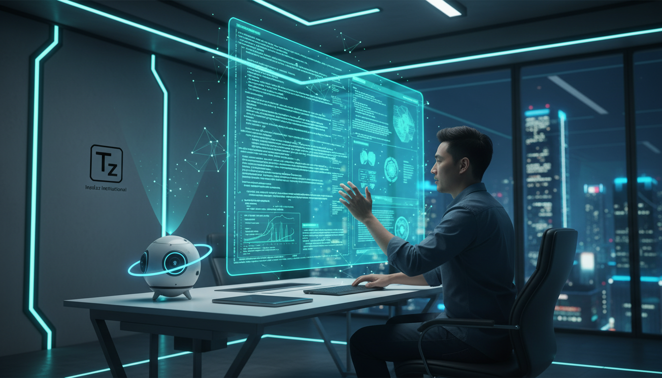 API para Claude Code: Simplificando a Integração com Agentes de IA — Um desenvolvedor de software, em um ambiente de trabalho moderno e minimalista, gesticula em frente a uma tela holográfica que exib