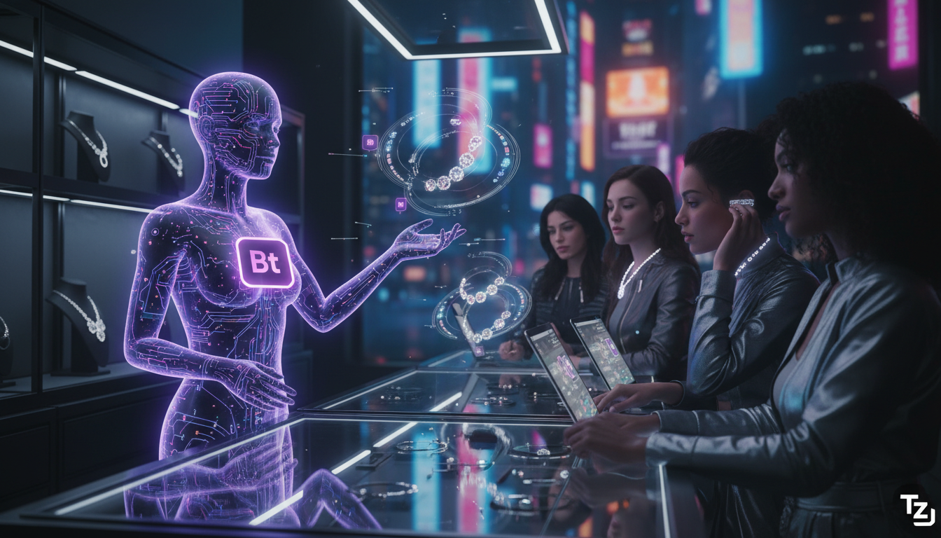 Apostas para Chatbots Instagram em 2026 — Um balcão de joalheria moderno e minimalista, com um chatbot virtual holográfico projetado acima do balcão, atendendo simultaneamente vários clientes que expe