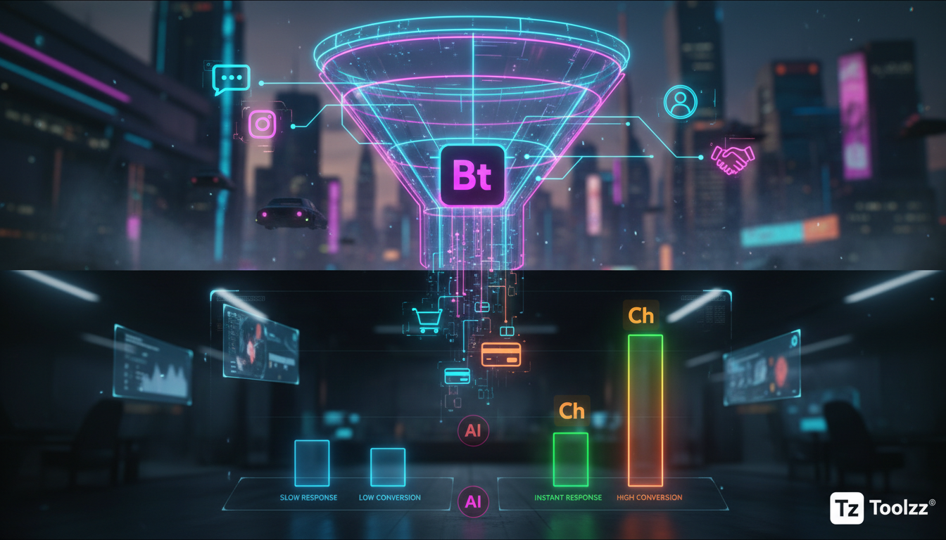Apostas para Chatbots Instagram em 2026 — Um diagrama infográfico dividido em duas seções (superior e inferior para carrossel). Na seção superior, um funil visual representa a jornada do cliente no In