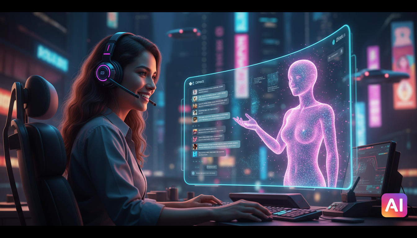 Apostas para Instagram Commerce IA em 2026 — Um atendente de suporte ao cliente, com headset, sorrindo e interagindo com uma tela que exibe uma conversa no direct do Instagram. Ao lado, uma representa