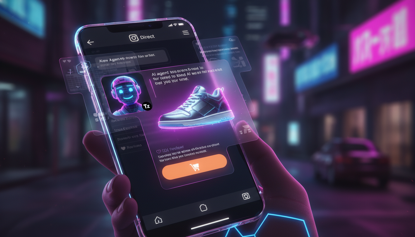 Apostas para Instagram Commerce IA em 2026 — Um close-up estilizado de um smartphone mostrando uma conversa no Direct do Instagram. Um agente de IA da Toolzz, representado por um avatar amigável e mod
