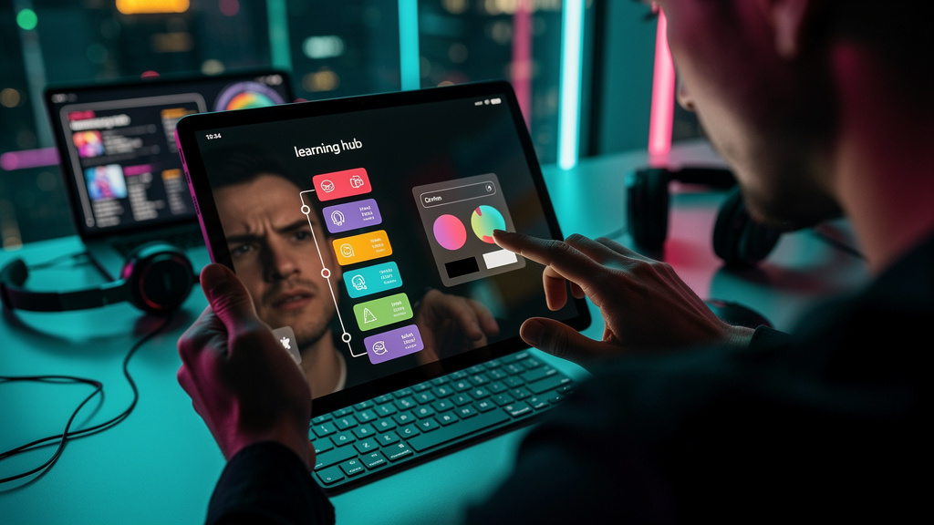 Apostas para LXP em 2026: Vale a Pena o Learning Hub? — Close-up de um tablet mostrando a interface do Learning Hub. A tela exibe uma trilha de aprendizado personalizada, mas com opções de customizaçã