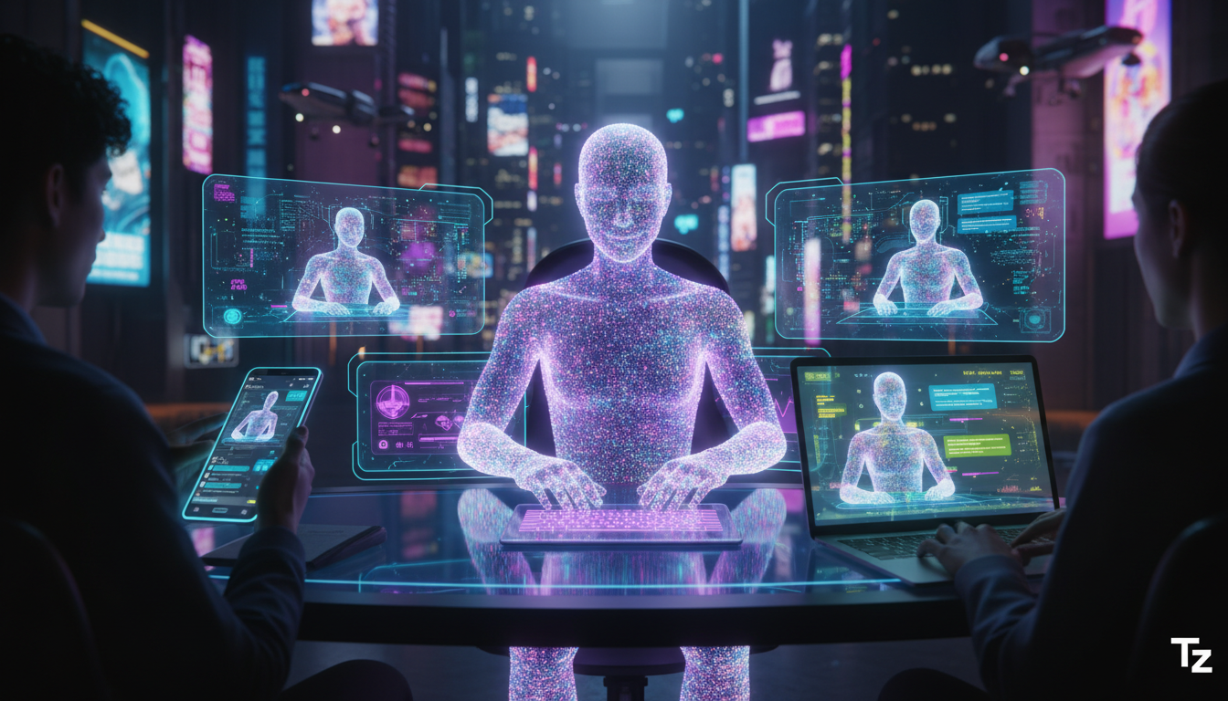 Apostas para Meta Business Suite IA em 2026 — Um atendente de suporte ao cliente virtual, com a forma de um avatar amigável e personalizável, interagindo com vários clientes simultaneamente através de