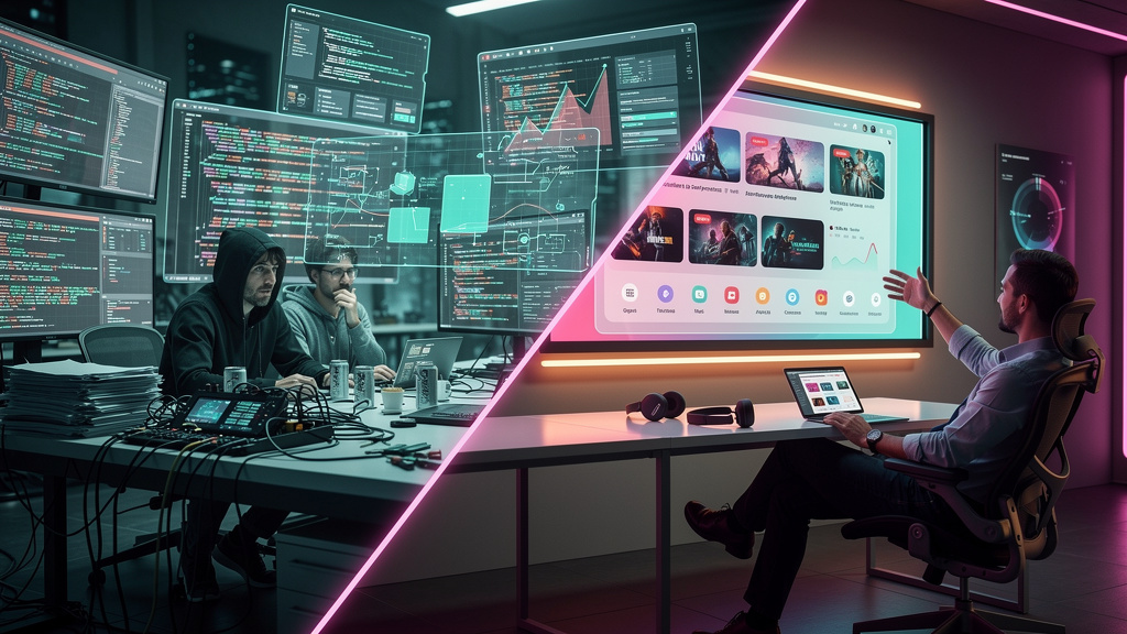 App de Streaming Whitelabel: Guia Completo para Empresas — Uma tela dividida mostrando, de um lado, o alto custo e complexidade de desenvolver um aplicativo de streaming do zero (pessoas exaustas, pil