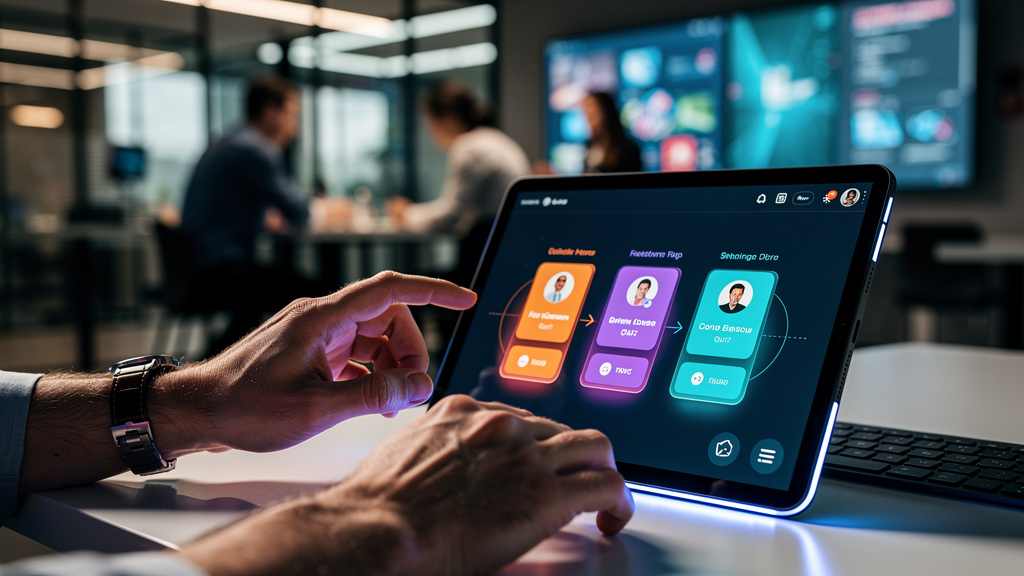 Apresentações Integradas: O Guia Completo para EAD — Um close-up das mãos de um colaborador interagindo com uma apresentação integrada em um tablet. A tela do tablet exibe um slide com um quiz interat