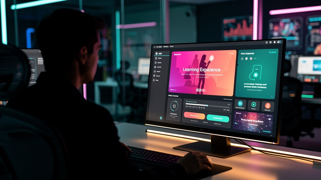 Apresentações Integradas: O Guia Completo para EAD — Um monitor exibindo uma interface da Toolzz LXP com uma apresentação integrada. A apresentação mostra um slide sobre 'Apresentações Integradas' com