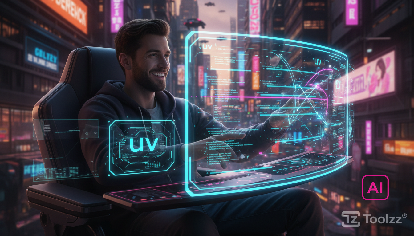 Aquisição do Astral pela OpenAI: O Futuro do Desenvolvimento de Software — Um desenvolvedor sorrindo enquanto observa o uv gerenciando ambientes Python em tempo real, visualizado como um painel de c