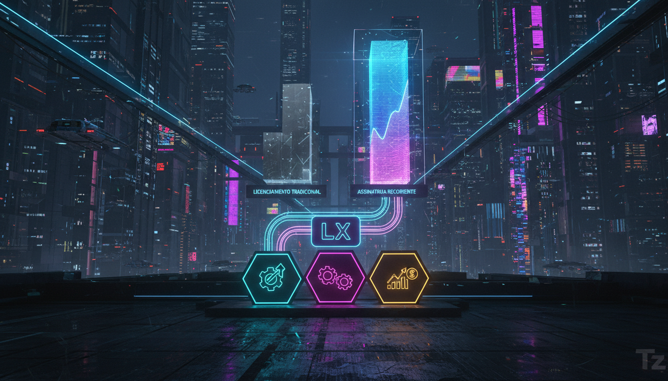 Arquitetura ideal para implementar Assinatura Recorrente em LXP 2026 — Infográfico dividido em duas partes (superior e inferior). Parte superior: Gráfico de barras comparando modelos de LXP: 'Licencia