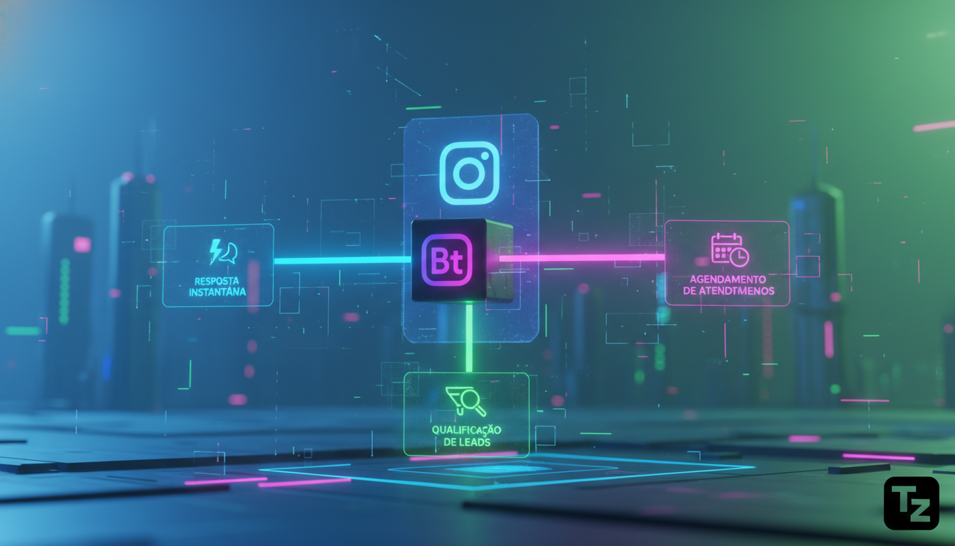 Arquitetura ideal para implementar Chatbot Instagram DM automática — Um fluxograma que ilustra o processo de automação do Instagram DM. No topo, um ícone do Instagram leva a um bloco central represent