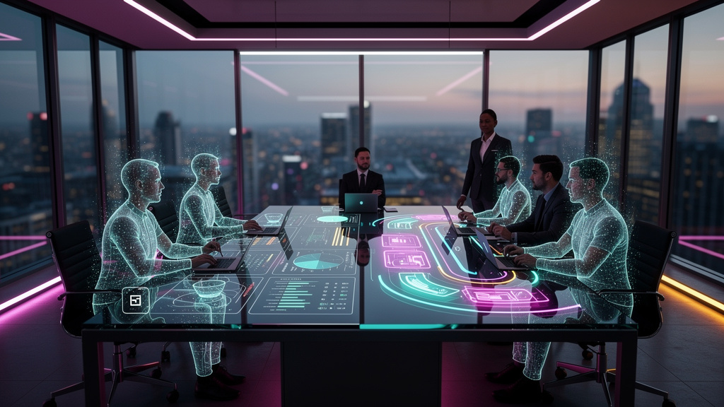 Arquitetura ideal para implementar LXP em 2026 — Visão panorâmica de uma sala de reunião futurista, com hologramas de avatares de colaboradores interagindo em torno de uma mesa digital interativa. A m