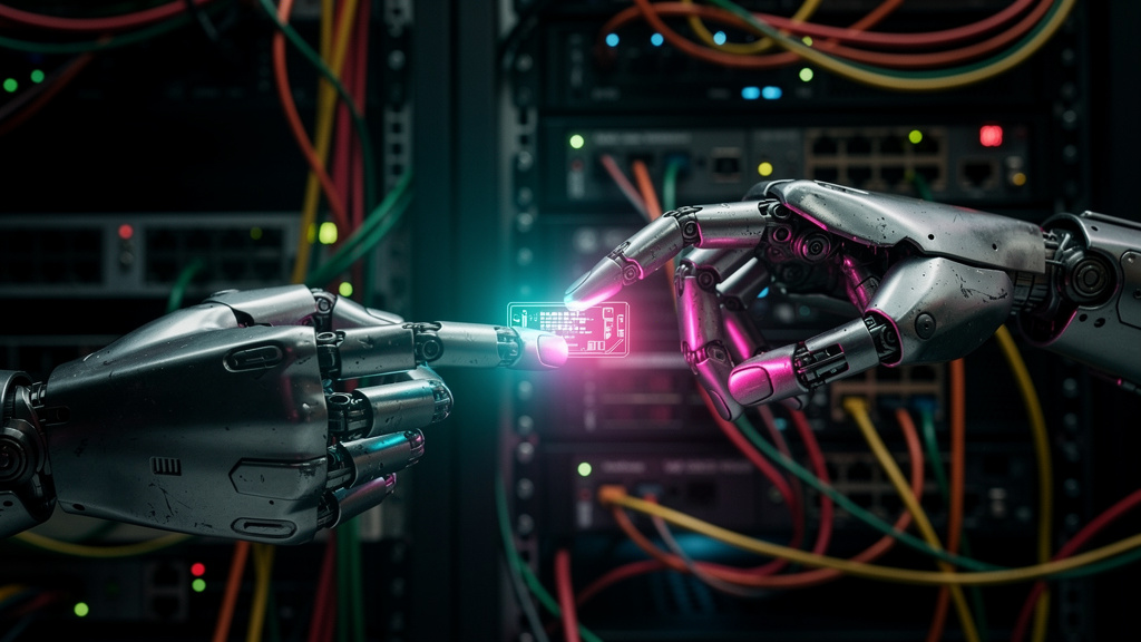 Arquitetura ideal para implementar Protocolo Agent-to-Agent — Close-up de duas mãos robóticas trocando um chip de dados brilhante em um ambiente de servidor complexo. Cabos coloridos conectam os servi