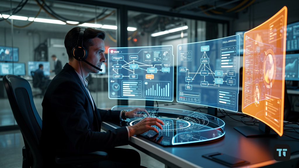 As Maiores Mudanças em Fluxos de Aprovação Humanos em 2026 — Uma sala de controle futurista com diversos painéis holográficos exibindo dados complexos. Um especialista humano, usando um headset, obser