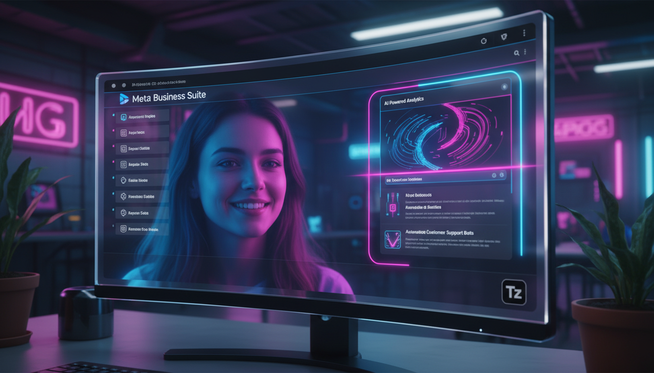 As maiores mudanças em Meta Business Suite nos últimos anos — Um close-up de uma tela de computador mostrando a interface do Meta Business Suite, com destaque para as ferramentas de IA. A tela reflete