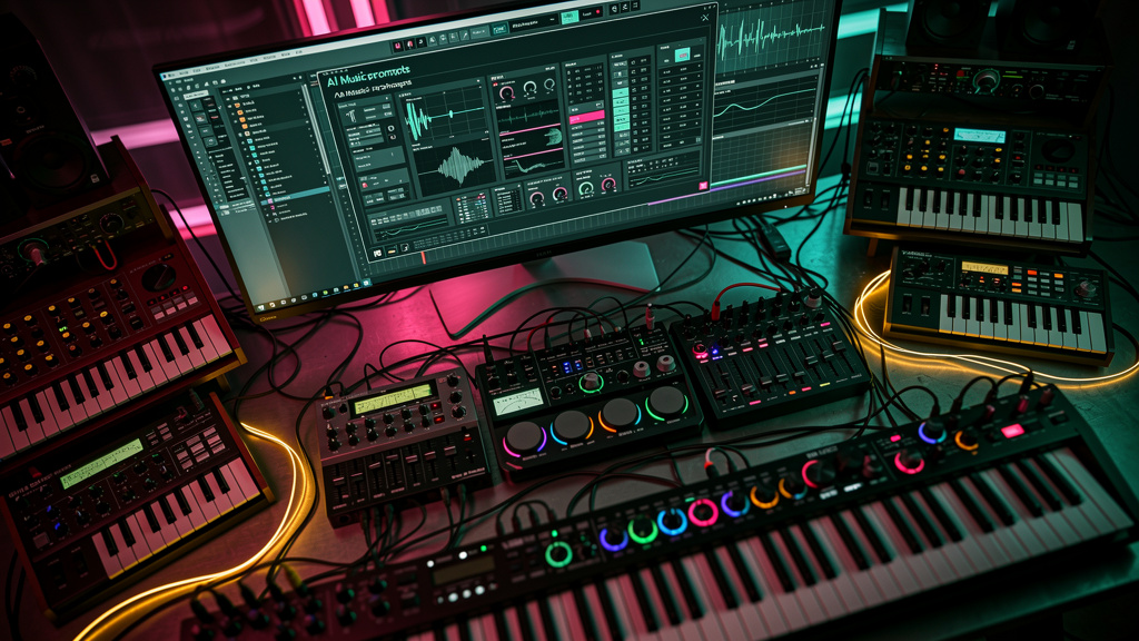 As maiores mudanças em Prompt Engineering para IA Música em 2026 — Uma visão aérea de uma mesa de produção musical complexa, com vários sintetizadores, samplers e uma DAW (Digital Audio Workstation) e
