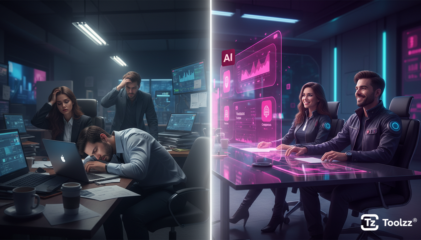 As maiores mudanças em vendas no Instagram nos últimos anos — Uma tela dividida mostrando, de um lado, uma equipe de marketing exausta e sobrecarregada, e do outro, a mesma equipe relaxada e sorrident