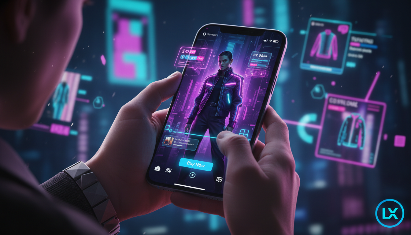 As maiores mudanças no Instagram Commerce nos últimos anos — Close-up das mãos de uma pessoa usando um smartphone para comprar um produto diretamente de um post do Instagram. A tela do telefone mostra