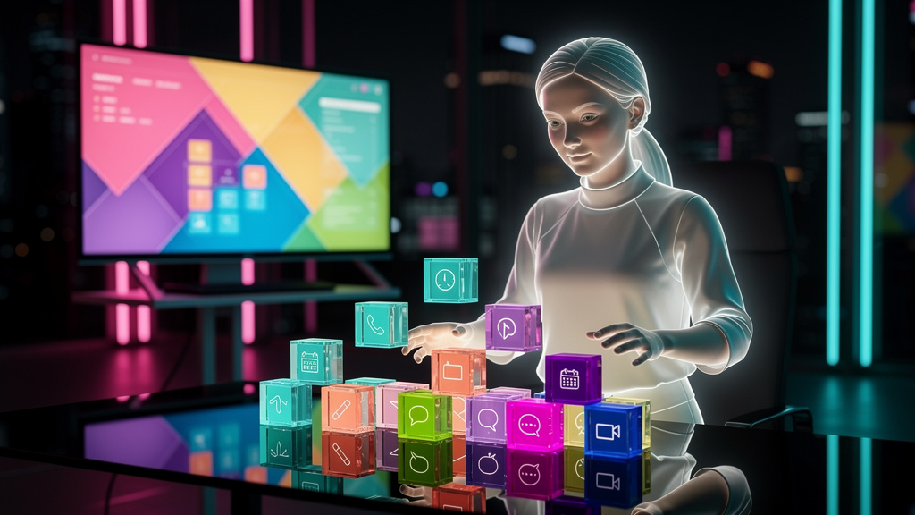 As Melhores Ferramentas de Assistente de Agendamento com IA — Ilustração digital de um assistente virtual (avatar amigável e moderno) organizando blocos de construção representando diferentes compromi