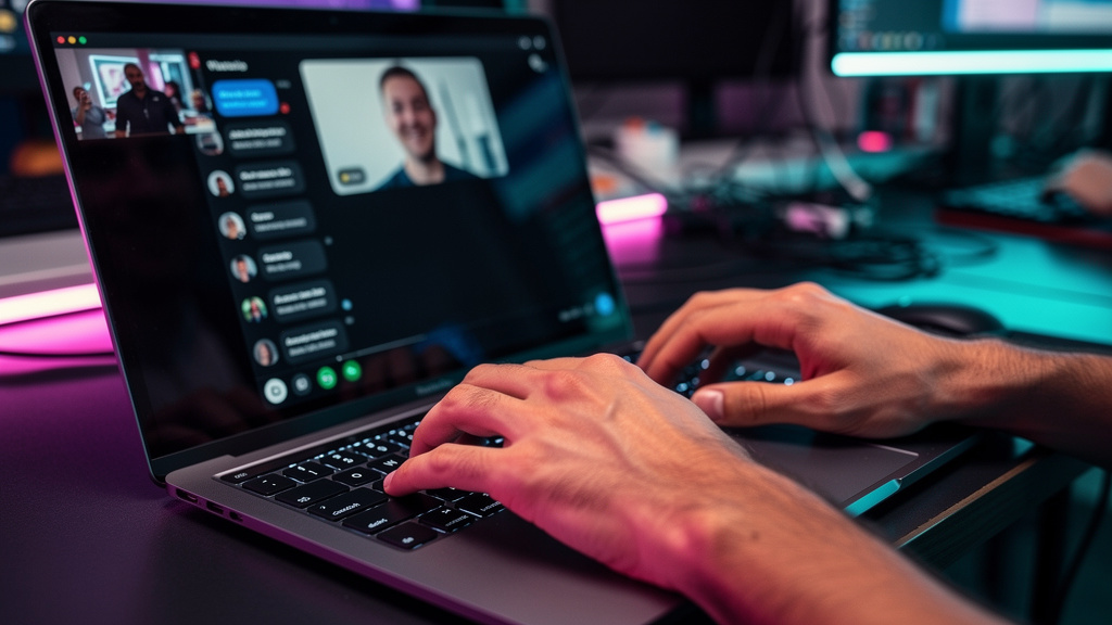 As Melhores Plataformas de Chat ao Vivo com Suporte por Vídeo em 2024 — Um close-up das mãos de um agente de suporte digitando em um teclado, com um reflexo sutil na tela do computador mostrando uma i