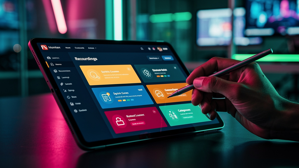 Assinatura Recorrente: O Guia Completo para EAD — Um close-up estilizado de uma tela de tablet exibindo uma interface de usuário da Toolzz LXP. A tela mostra um painel de controle personalizado com re