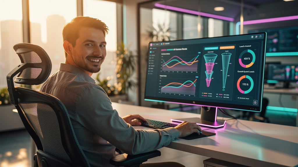 Assistente de Vendas com IA: Prospecção Ativa e Geração de Leads — Um vendedor sorrindo, sentado em uma cadeira moderna em um escritório ensolarado, olhando para uma tela que exibe um painel de contro