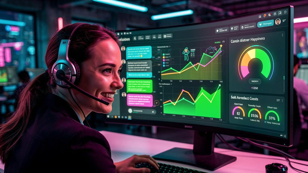 Assistente Virtual WhatsApp: Guia Completo para sua Empresa — Um atendente de call center, com headset, sorri enquanto observa um painel de controle que exibe dados de performance de um assistente vir