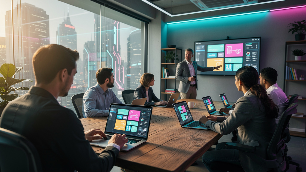 Astromember LXP: o que é e como impulsionar o aprendizado corporativo? — Um instrutor conduz uma sessão de treinamento em um espaço de coworking moderno, com paredes de vidro e luz natural abundante.