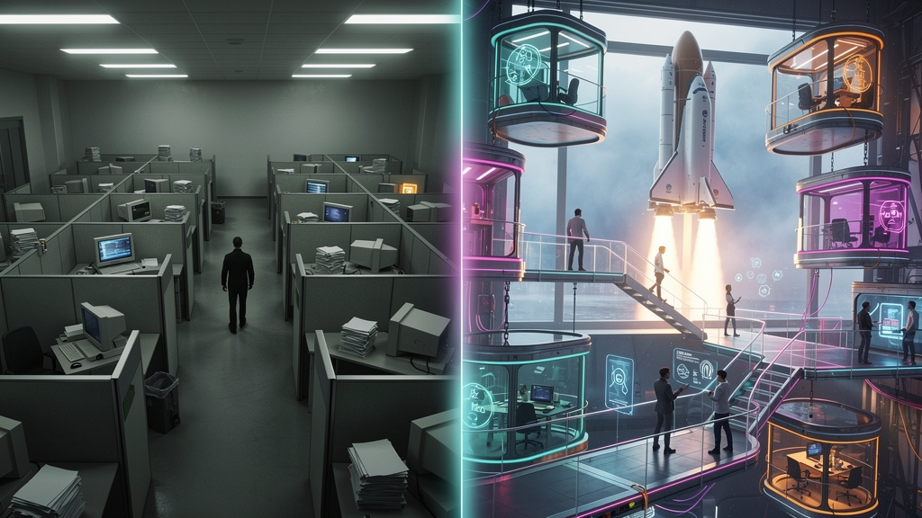 AstroMember: O Futuro da Experiência de Aprendizado — Infográfico comparando LMS tradicional e LXP AstroMember. Lado esquerdo: LMS - um labirinto burocrático com um único caminho. Lado direito: LXP As