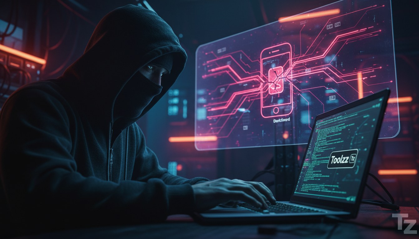 Ataques a iPhones: Como a IA e a Segurança se Reinventam — Um close-up dramático de um hacker com capuz digitando furiosamente em um laptop em um quarto escuro, com o reflexo da tela revelando código 