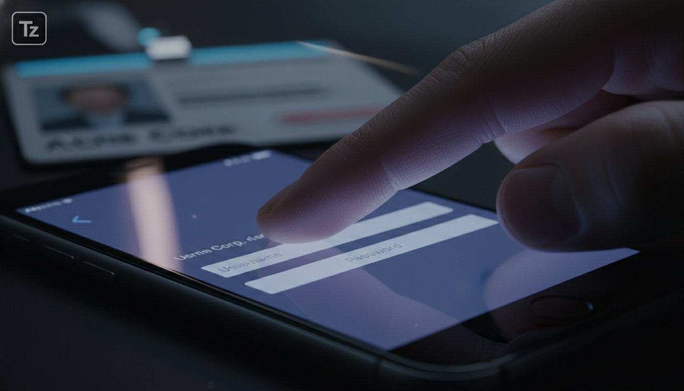 Ataques a iPhones: Como Proteger sua Empresa e Dados — Um close-up extremo de um dedo digitando uma senha em um iPhone. A tela do iPhone está ligeiramente desfocada, mostrando um formulário de login c