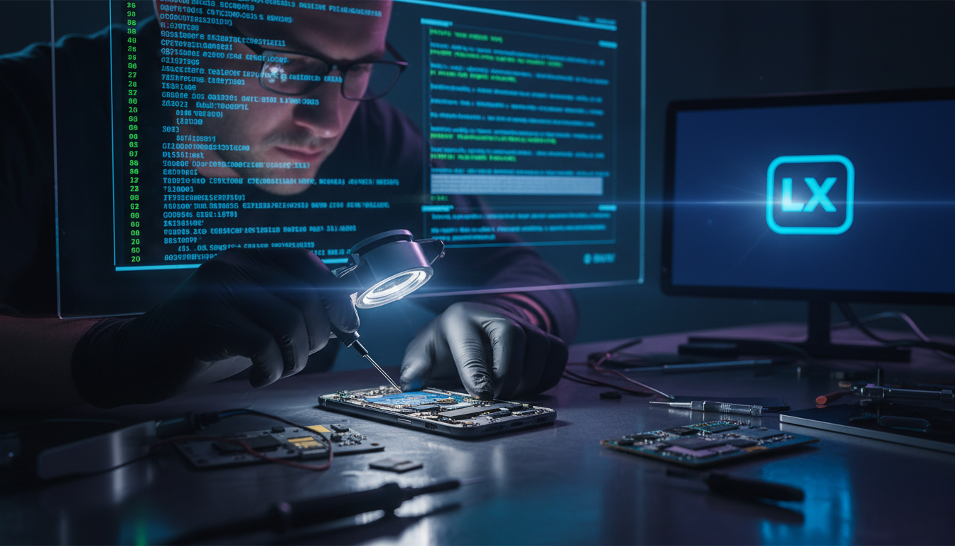 Ataques a iPhones: Como Proteger sua Empresa e Dados — Um investigador forense digital, usando luvas, analisa um iPhone sob uma lupa em um laboratório high-tech. Cabos, placas-mãe e ferramentas de aná