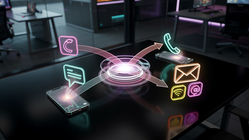 Atendimento Omnichannel com IA: A Chave para a Satisfação do Cliente — Um diagrama de fluxo visualmente atraente mostrando diferentes canais de comunicação (telefone, e-mail, chat, redes sociais) conv