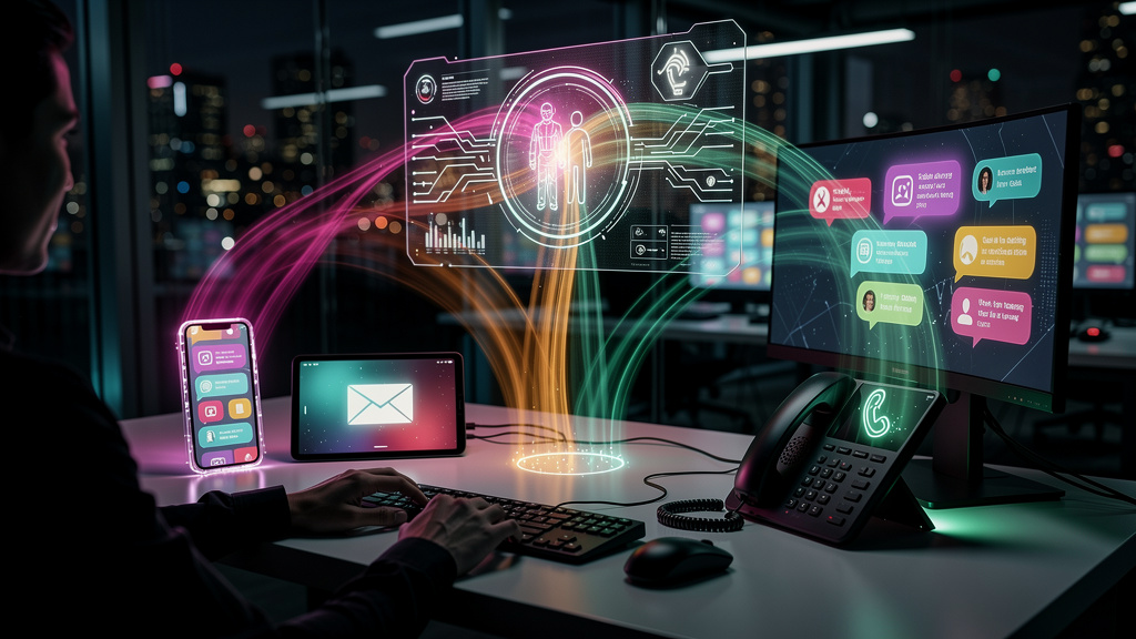 Atendimento Omnichannel com IA: A Revolução do Suporte ao Cliente — Um diagrama ilustrativo mostrando diversos canais de comunicação (chat, email, telefone, redes sociais) convergindo para um ponto ce