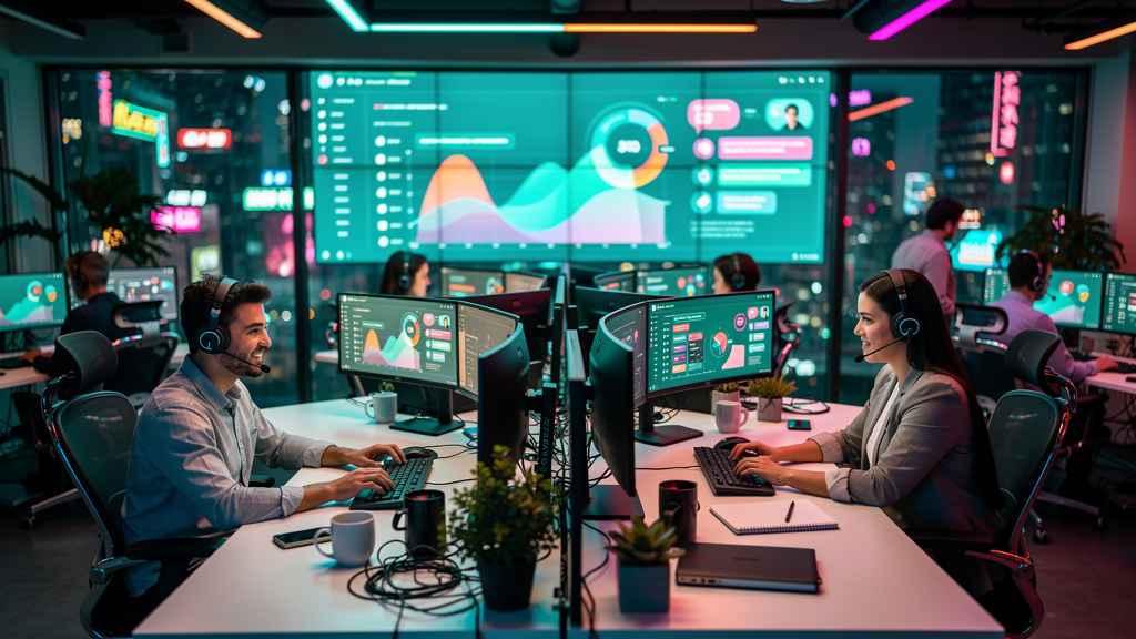 Atendimento Omnichannel com IA: Guia Completo para 2026 — Um call center moderno e movimentado, com diversos atendentes utilizando headsets e computadores. Em algumas telas, interfaces de chat com o l