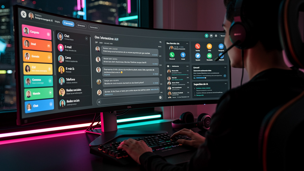 Atendimento Omnichannel com IA: Guia Completo para Empresas — Uma tela de computador mostrando uma interface de painel de controle omnichannel. A interface exibe múltiplos canais de comunicação (chat,