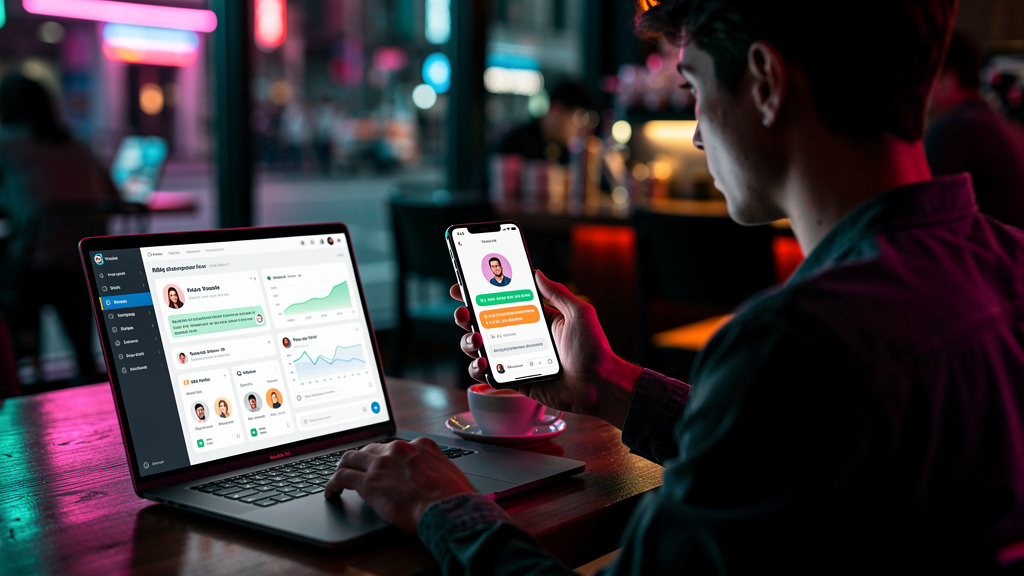 Atendimento Omnichannel com IA: Guia Prático para Resultados — Uma pessoa utilizando um smartphone em um café. Na tela do smartphone, uma conversa com um chatbot da Toolzz está em andamento. Ao lado, 