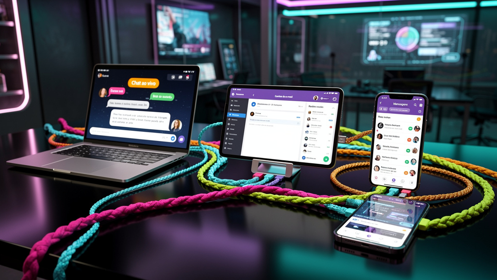 Atendimento Omnichannel com IA: O Guia Completo para 2024 — Uma mesa de escritório moderna com vários dispositivos (laptop, tablet, smartphone) dispostos lado a lado. Cada dispositivo exibe uma interf