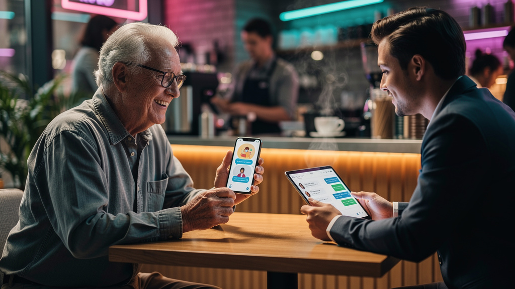 Atendimento Omnichannel com IA: O Guia Completo para 2026 — Um cliente idoso interagindo simultaneamente com um chatbot no celular e um atendente humano em um tablet, ambos exibindo o logo da Toolzz d