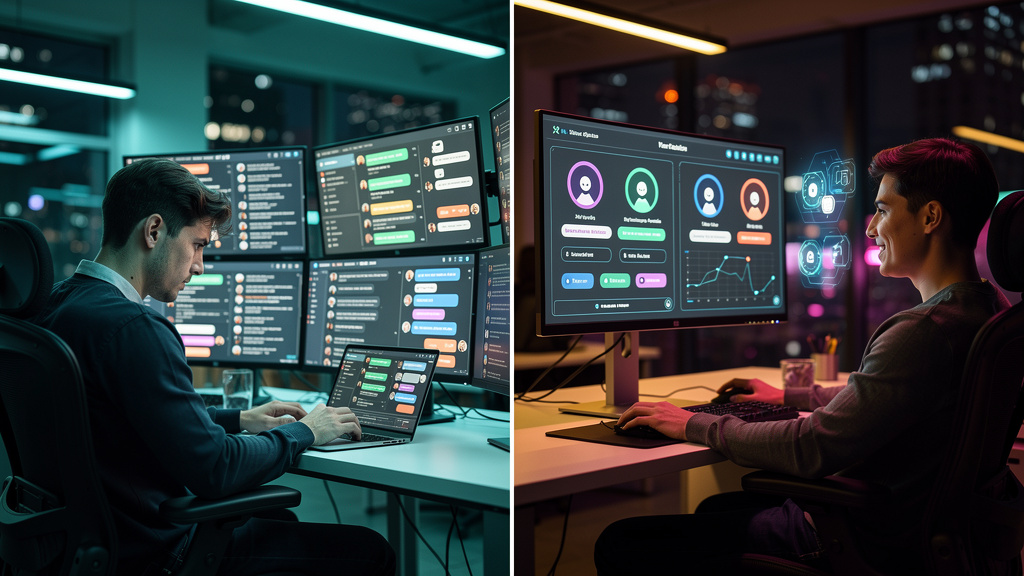 Atendimento Omnichannel: Como a IA e a Automação Transformam o Chat — Uma tela dividida mostrando, de um lado, um agente de atendimento ao cliente visivelmente sobrecarregado com múltiplas janelas de 