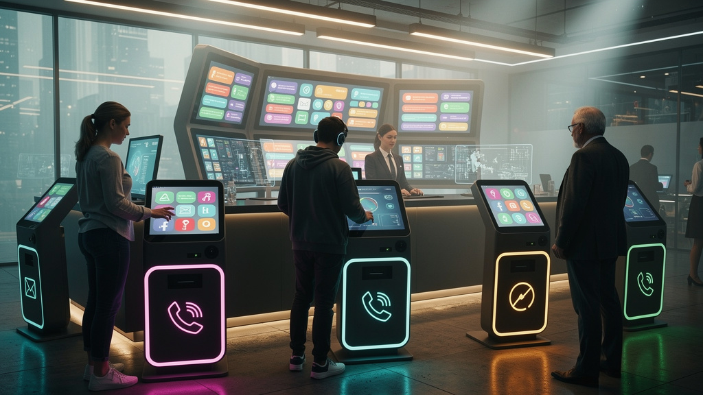 Atendimento Omnichannel e Chat com IA: A Evolução do Suporte — Um balcão de atendimento futurista com diversos totens interativos e telas touch screen exibindo diferentes canais de comunicação (chat, 