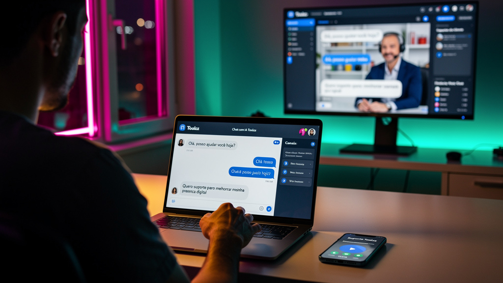 Atendimento Omnichannel e Chat com IA: Maximize sua Presença Digital — Um cliente alternando entre um chatbot em um site (mostrando o logo da Toolzz) e uma ligação telefônica com um agente humano, amb