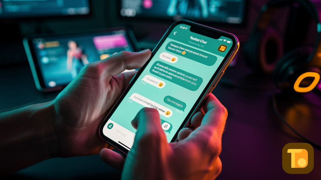 Atendimento Omnichannel e Chat com IA: Transforme a Experiência do Cliente — Close-up de um smartphone exibindo uma conversa de chat com um chatbot. A interface do chat mostra a logo da Toolzz sutilme