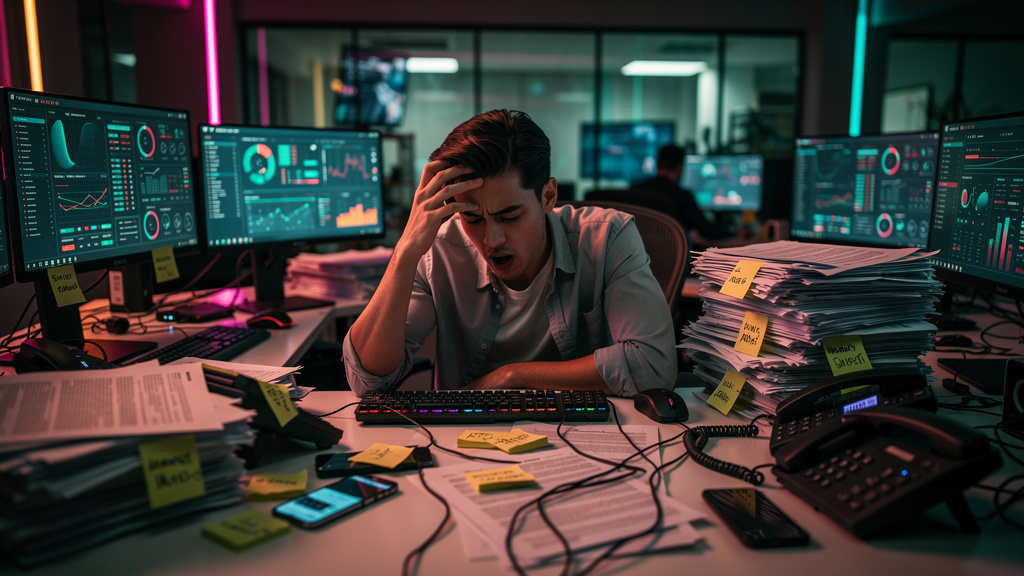 Atendimento SDR: Qualificação de Leads com Inteligência Artificial — Um SDR tradicional sobrecarregado de trabalho, cercado por pilhas de papéis e vários telefones tocando. Expressão de frustração. Lo